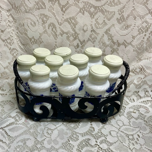 Vintage 10-pc Blue Willow Milk Glass Shaker Set with Metal Rack.